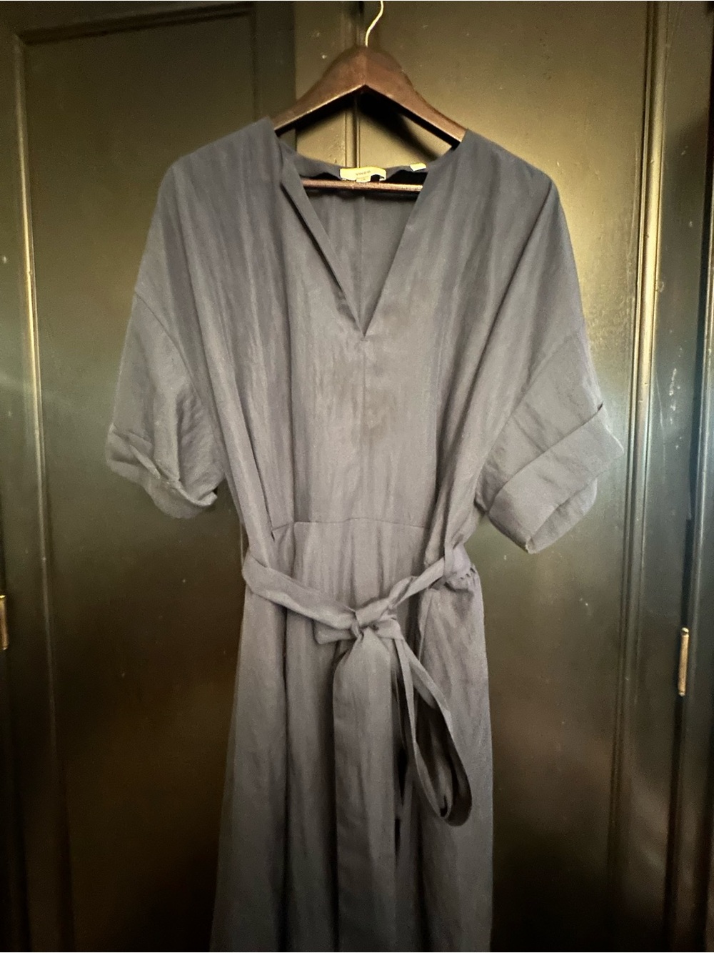 VINCE. Belted V-Neck Maxi Dress Gray/Blue Tencel Cuff Sleeve Size L
